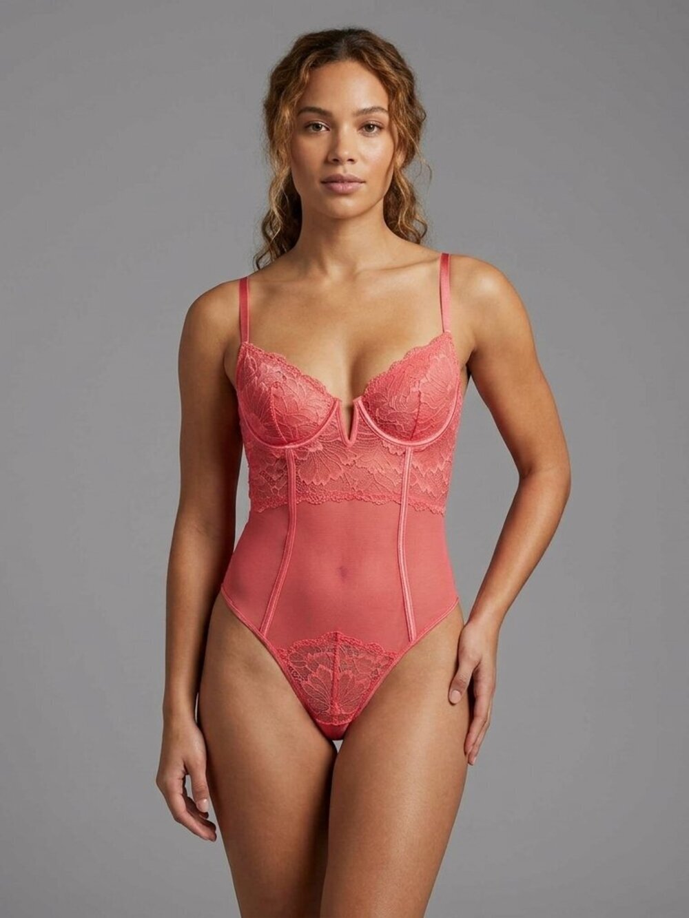 Coral Sheer Lace and Mesh Bodysuit